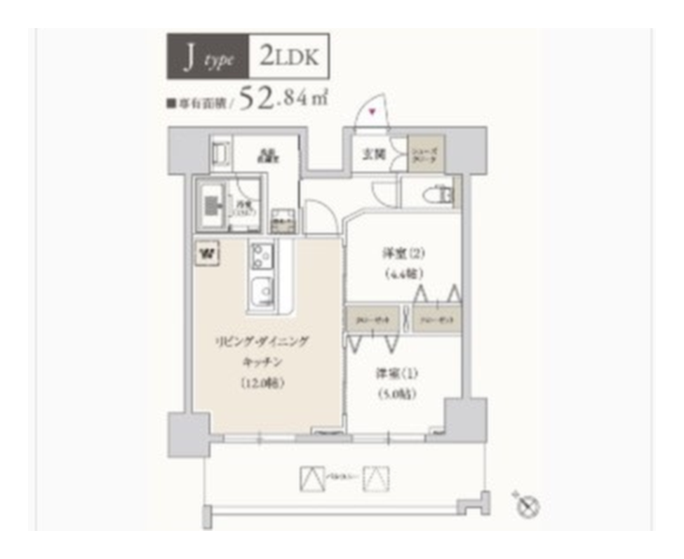 入力素材の一つである間取り図（2LDK・専有面積は約53平米。物件を特定しないよう軽くぼかして掲載）